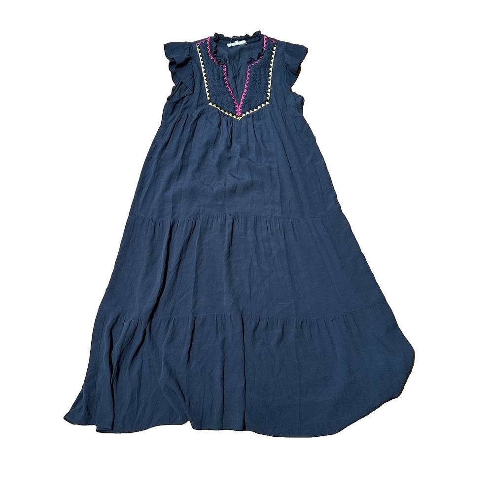 BA&SH Embroidered Midi Dress Navy with Pink Yellow Trim Size 1